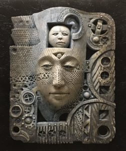 maske, keramik, oxide, ca.35x40cm, 2018